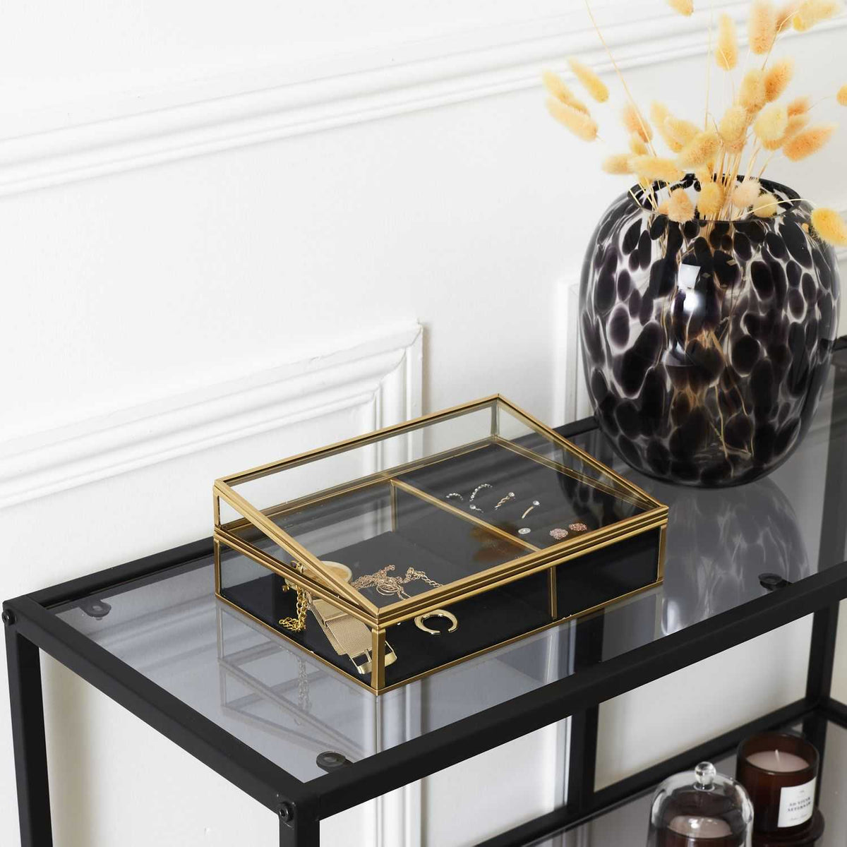 BOITE A BIJOUX VERRE ET VELOURS NOIR