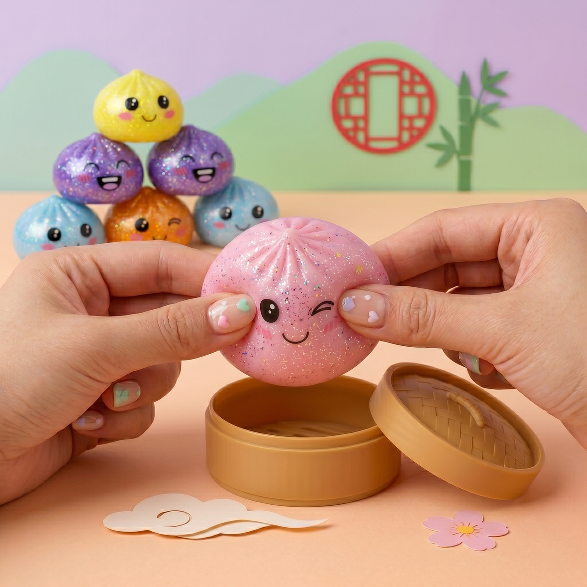 Squishy kawaii bao glitter en blind box – mini jouet anti-stress pailleté tendance TikTok