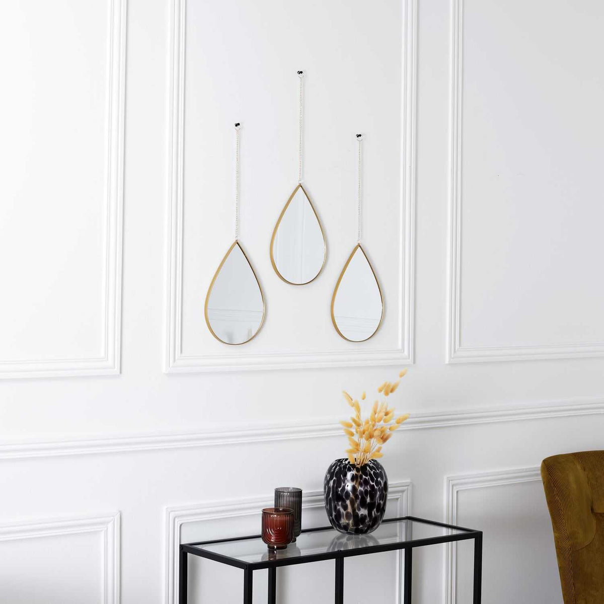 MIROIR DECO GOUTTE SUSPENDU DORE SIXTE -  LOT DE 3