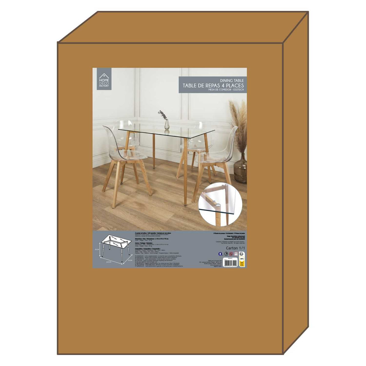 TABLE EN VERRE PIEDS METAL EFFET BOIS 75X115CM