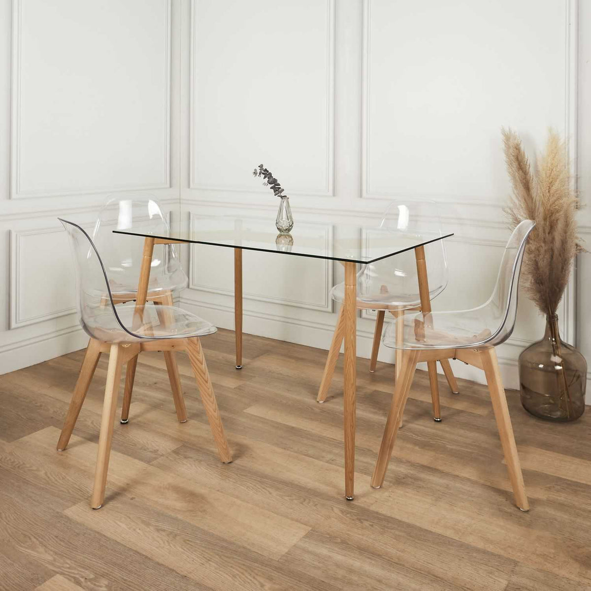 TABLE EN VERRE PIEDS METAL EFFET BOIS 75X115CM