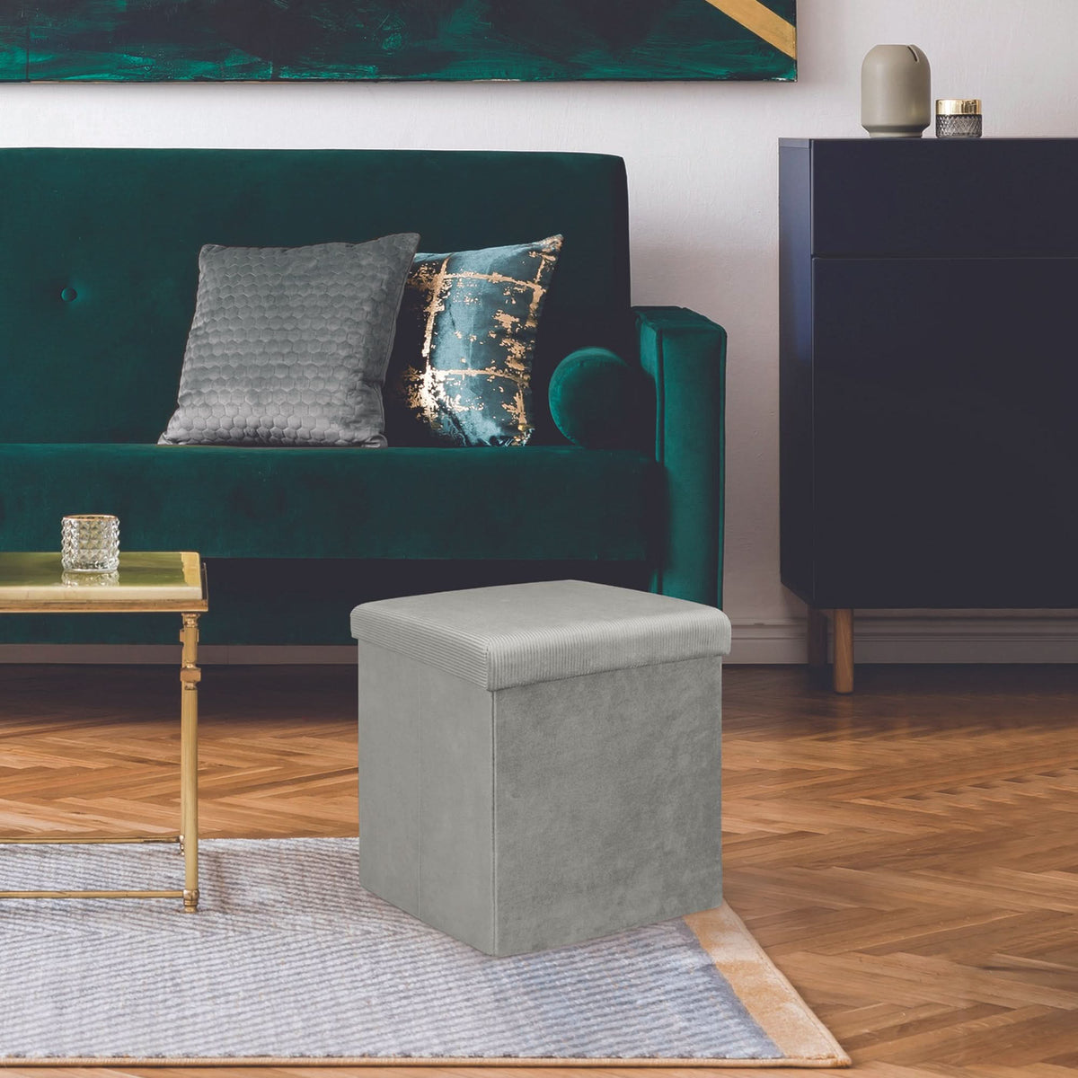 COFFRE POUF PLIABLE VELOURS COTELE GIULIA GRIS