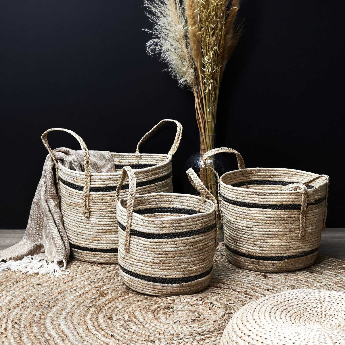 PANIER BICOLORE FIBRE DE MAIS -  LOT DE 3