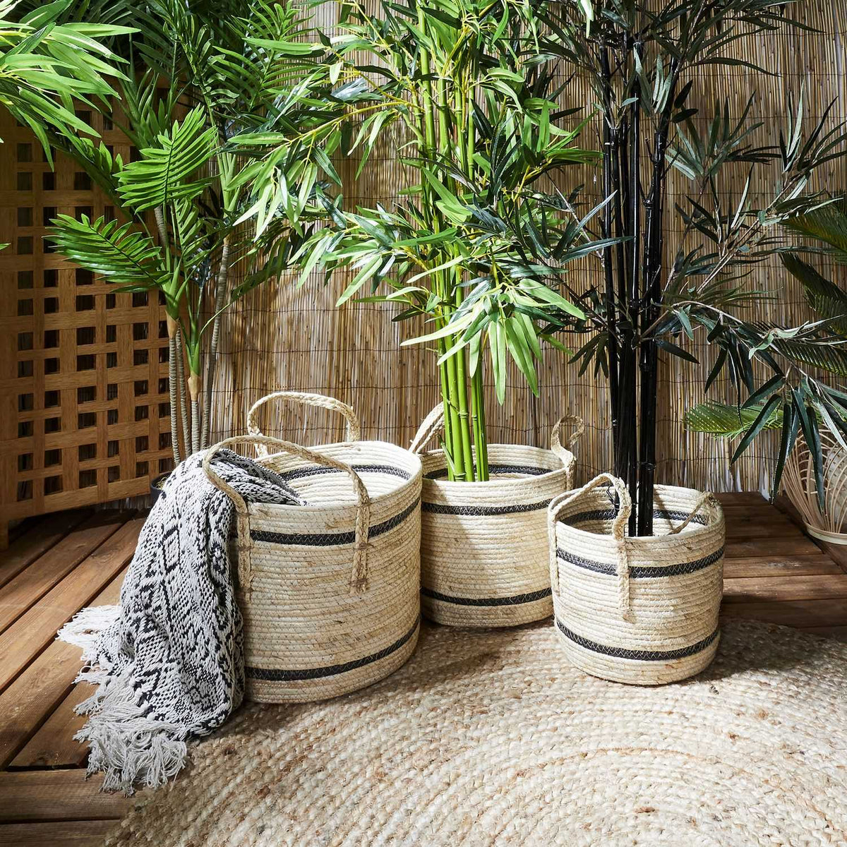 PANIER BICOLORE FIBRE DE MAIS -  LOT DE 3